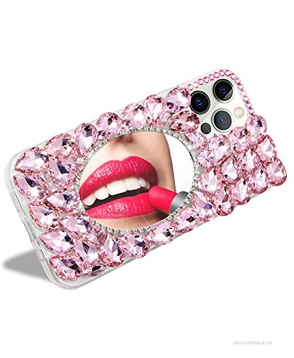 Compatible with iPhone 12 Pro Max Case,Rhinestone Makeup Mirror Phone Case,MOIKY Luxury Bling Sparkle Glitter 3D Diamond Crystal Clear Soft TPU Shockproof Protective Cover for iPhone 12 Pro Max,Pink
