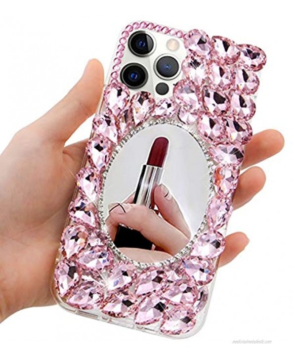 Compatible with iPhone 12 Pro Max Case,Rhinestone Makeup Mirror Phone Case,MOIKY Luxury Bling Sparkle Glitter 3D Diamond Crystal Clear Soft TPU Shockproof Protective Cover for iPhone 12 Pro Max,Pink