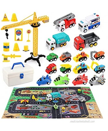 Construction Toys Engineering Vehicle Toy with Play Mat Tower Crane Excavators Truck Digger Toy Fire Truck Road Signs and Accessories Construction Trucks Toys for Kids Boys 3 4 5 6 Year excavator