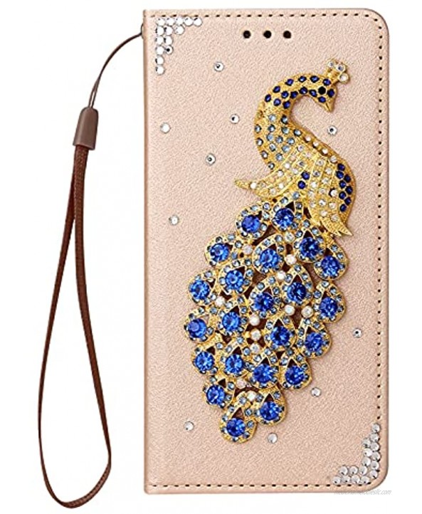 Gold Leather Glitter Case for Samsung Galaxy S21 Plus 5G,Strap Wallet Cover for Samsung Galaxy S21 Plus 5G,Herzzer Stylish Diamond 3D Handmade Crystal Soft Silicone Stand Flip Case,Blue Peacock