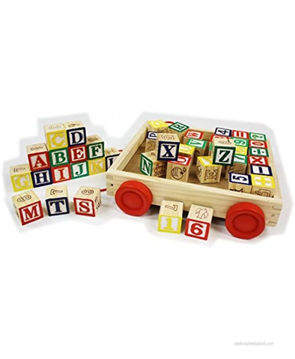 Matty's Toy Stop 42-Piece Classic Wooden ABC 123 Stack and Build Blocks Wagon with Learning Pictures
