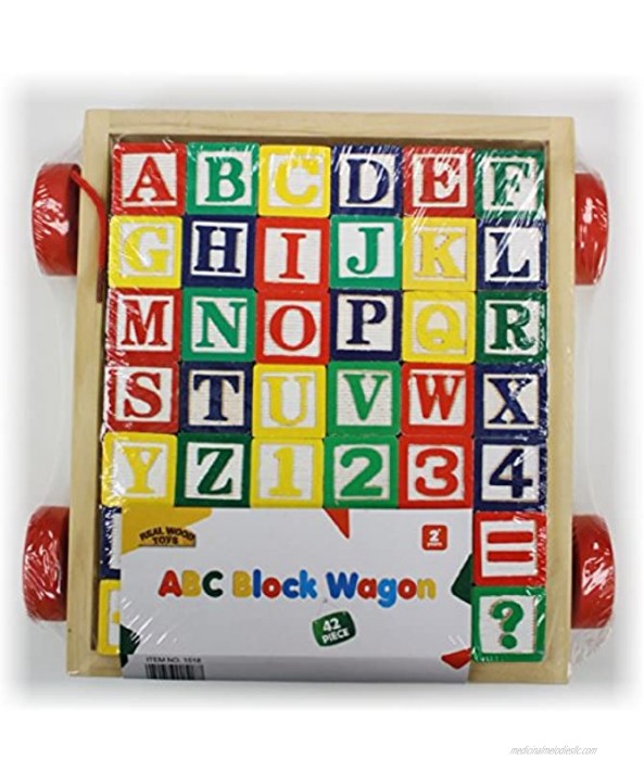 Matty's Toy Stop 42-Piece Classic Wooden ABC 123 Stack and Build Blocks Wagon with Learning Pictures