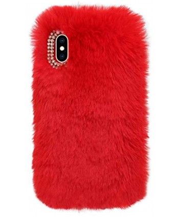 Red Furry Case for Google Pixel 4A 2020,Soft Case for Google Pixel 4A 2020,Herzzer Stylish Fashionable Winter Warmed Faux Rabbit Fur Bunny Plush Flexible Cover with Chic Crystal 3D Bowknot