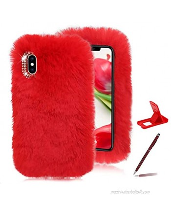 Red Furry Case for Google Pixel 4A 2020,Soft Case for Google Pixel 4A 2020,Herzzer Stylish Fashionable Winter Warmed Faux Rabbit Fur Bunny Plush Flexible Cover with Chic Crystal 3D Bowknot