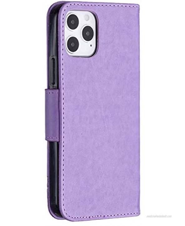 Strap Faux Leather Case for iPhone 12 12 Pro 6.1,Wallet Cover for iPhone 12 12 Pro 6.1,Herzzer Elegant Purple Butterfly Print Relief Magnetic Stand Case with Soft TPU