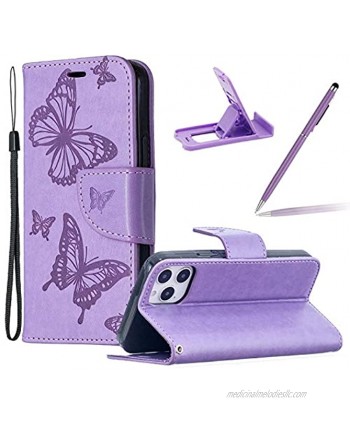 Strap Faux Leather Case for iPhone 12 12 Pro 6.1",Wallet Cover for iPhone 12 12 Pro 6.1",Herzzer Elegant Purple Butterfly Print Relief Magnetic Stand Case with Soft TPU