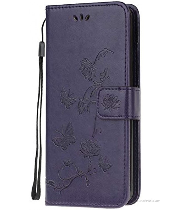 Strap Leather Case for Samsung Galaxy A21S,Dark Purple Wallet Leather Cover for Galaxy A21S,Herzzer Classic Pretty Butterfly Lotus Drawing Embossed Magnetic Stand Card Holders Case