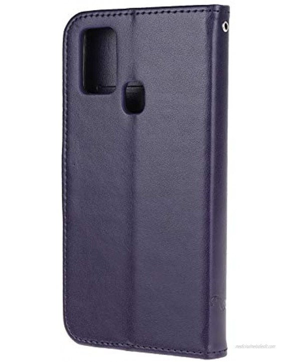 Strap Leather Case for Samsung Galaxy A21S,Dark Purple Wallet Leather Cover for Galaxy A21S,Herzzer Classic Pretty Butterfly Lotus Drawing Embossed Magnetic Stand Card Holders Case
